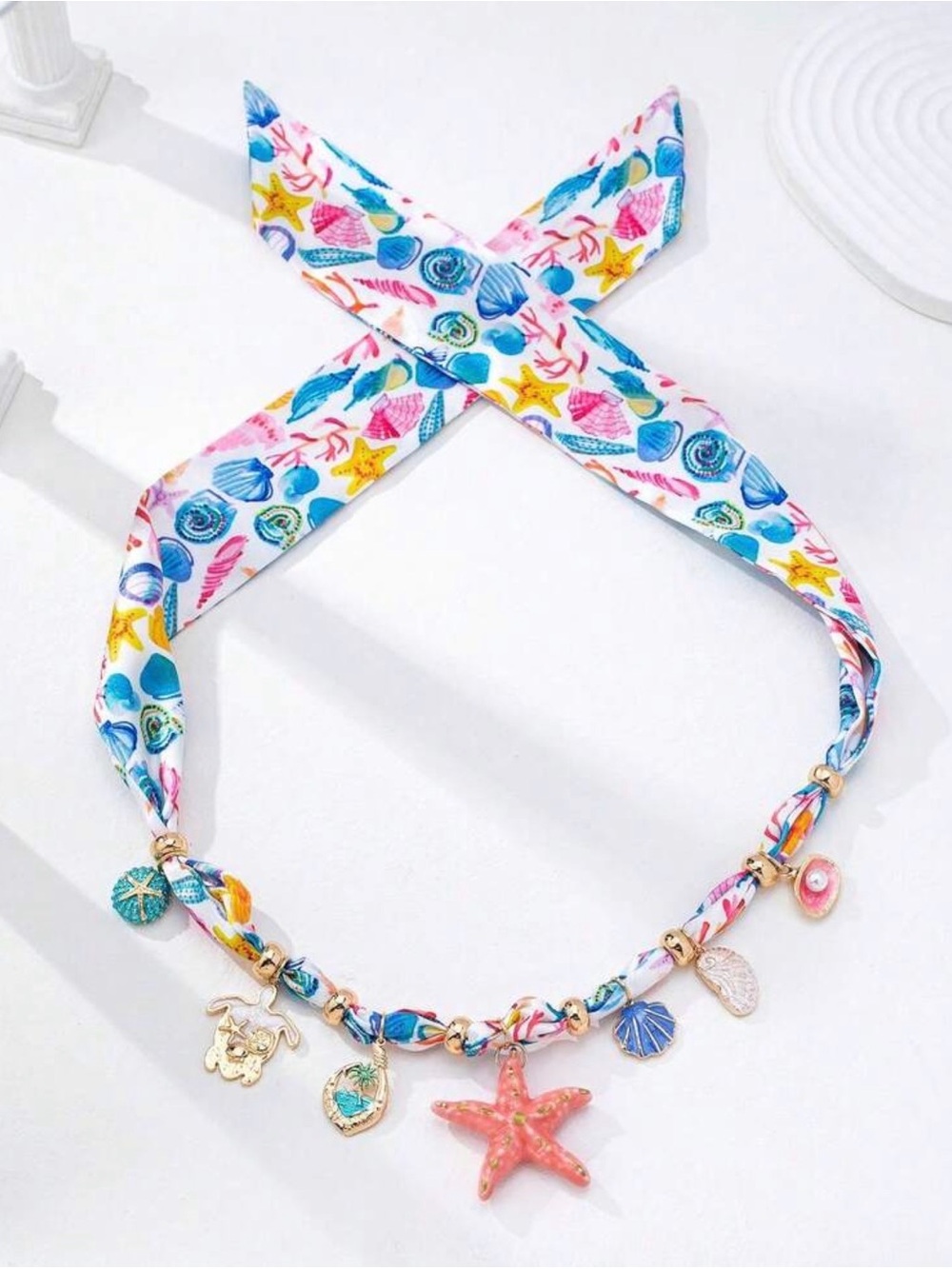 #1-Boho Style Scarf Necklace With Sealife Charms, Starfish Sea NWT